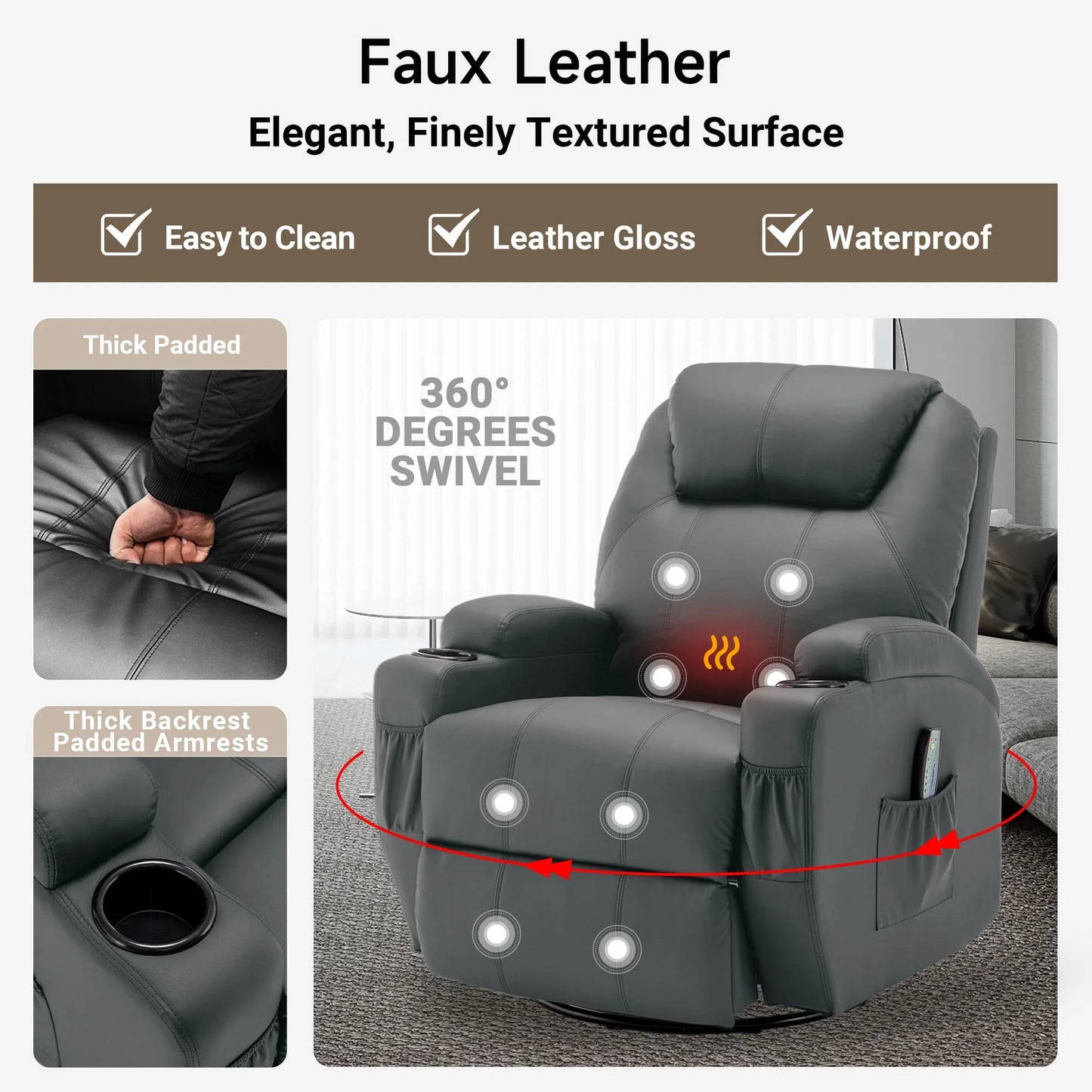 Recliner Chair With Massage And Heat 360 Degree Swivel Cup Holder Remote