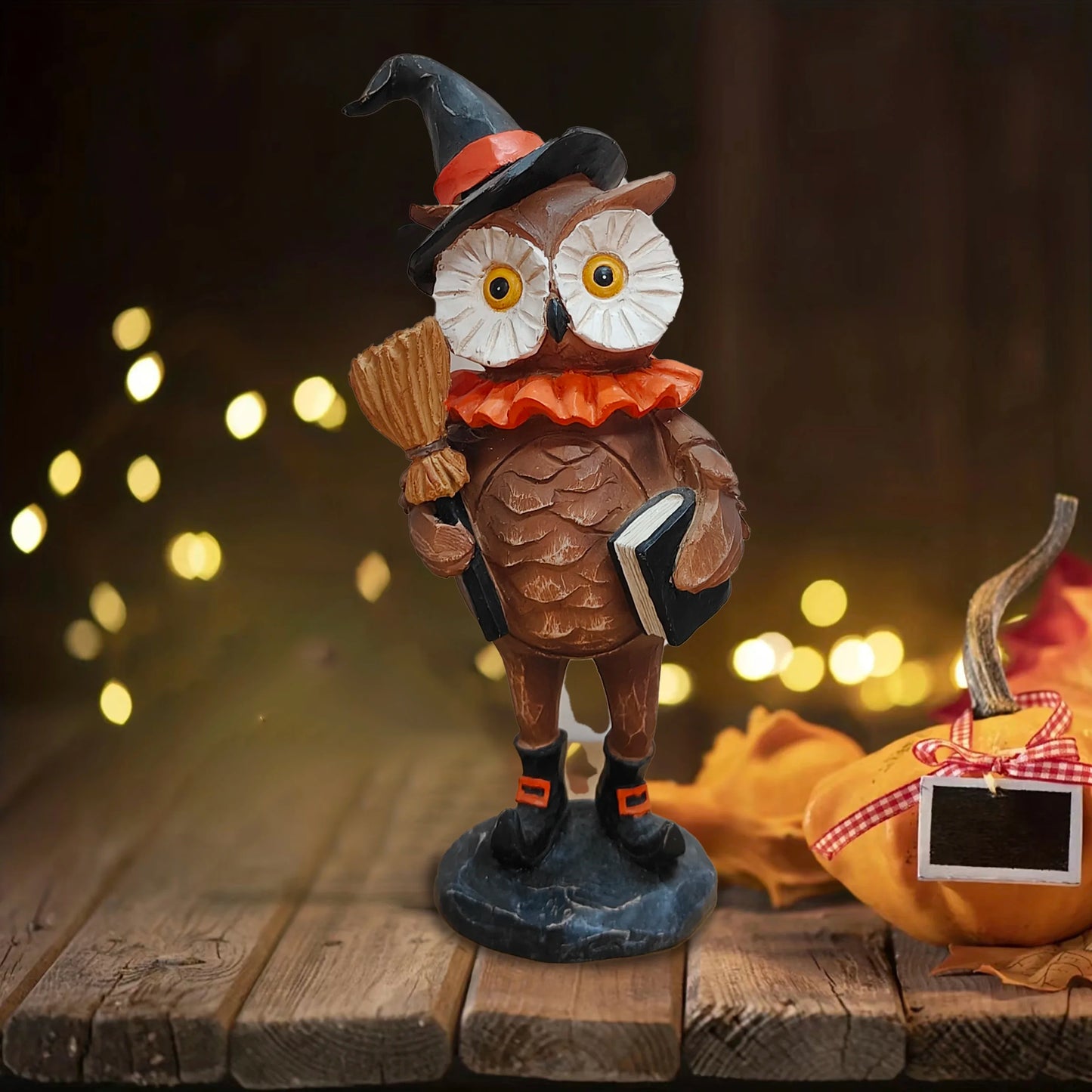 Halloween Resin Pumpkin Puppet Owl And Black Cat Statue