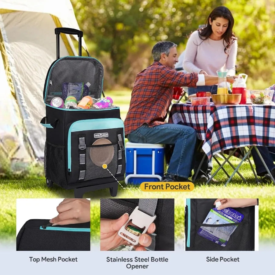 Portable Rolling Cooler 80 Cans 50L Soft Sided Collapsible Trolley Cart