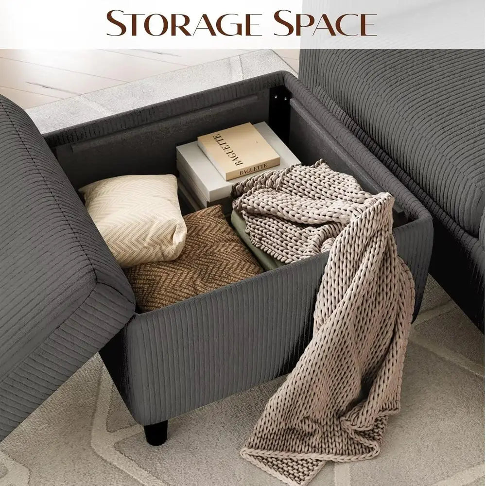 Three Seat L Shaped Sectional Sofa With Storage Ottoman And Cup Holders Grey