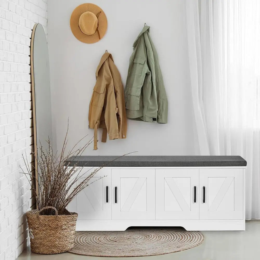 2-Tier Storage Bench With Padded Seat Cushion Entryway Barn Door Shelves