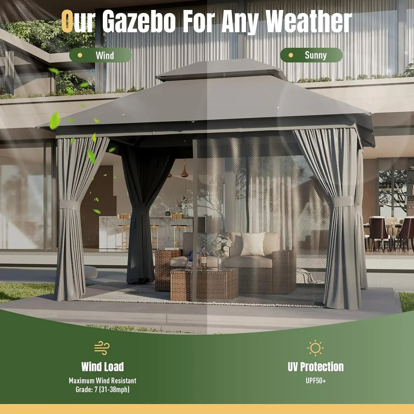 Outdoor Patio Gazebo 10x12 With Wooden Frame And Mosquito Net Shelter