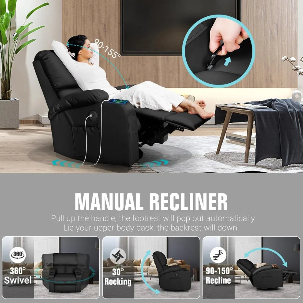 Massage Rocker Recliner Chair With Vibration And Heat USB C 360 Degree Swivel