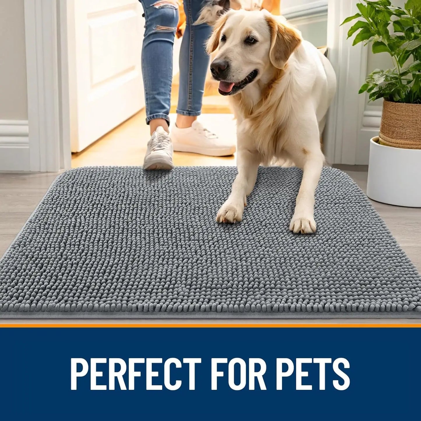 Soft Chenille Dog Door Mat 30x20 Absorbent Non Slip Washable Grey