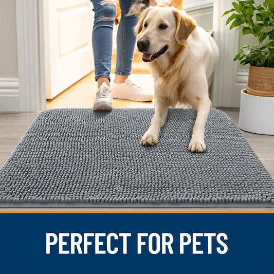 Soft Chenille Dog Door Mat 30x20 Absorbent Non Slip Washable Grey