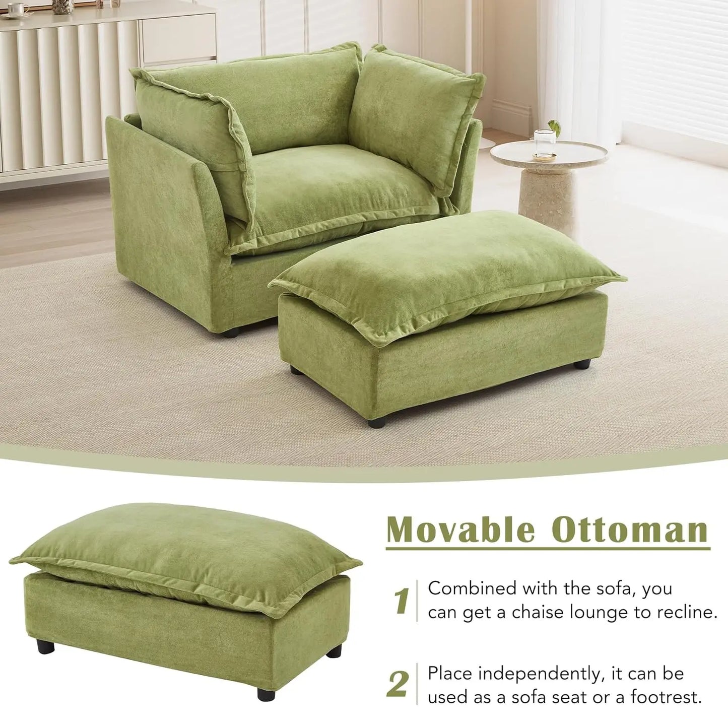 Modern Armchair Sofa With Ottoman 47 Inch Upholstered Wide Seat Curved Armrests