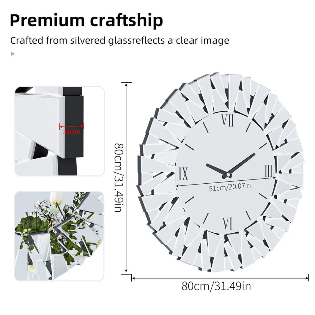 Large Wall Clock 3D Mirrored Sunburst Edge 32 Inch Round Roman Numeral Modern Living Room Dining Room Decor