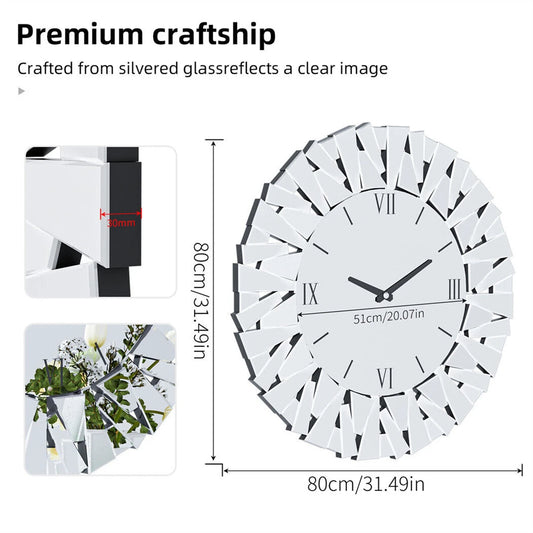Large Wall Clock 3D Mirrored Sunburst Edge 32 Inch Round Roman Numeral Modern Living Room Dining Room Decor