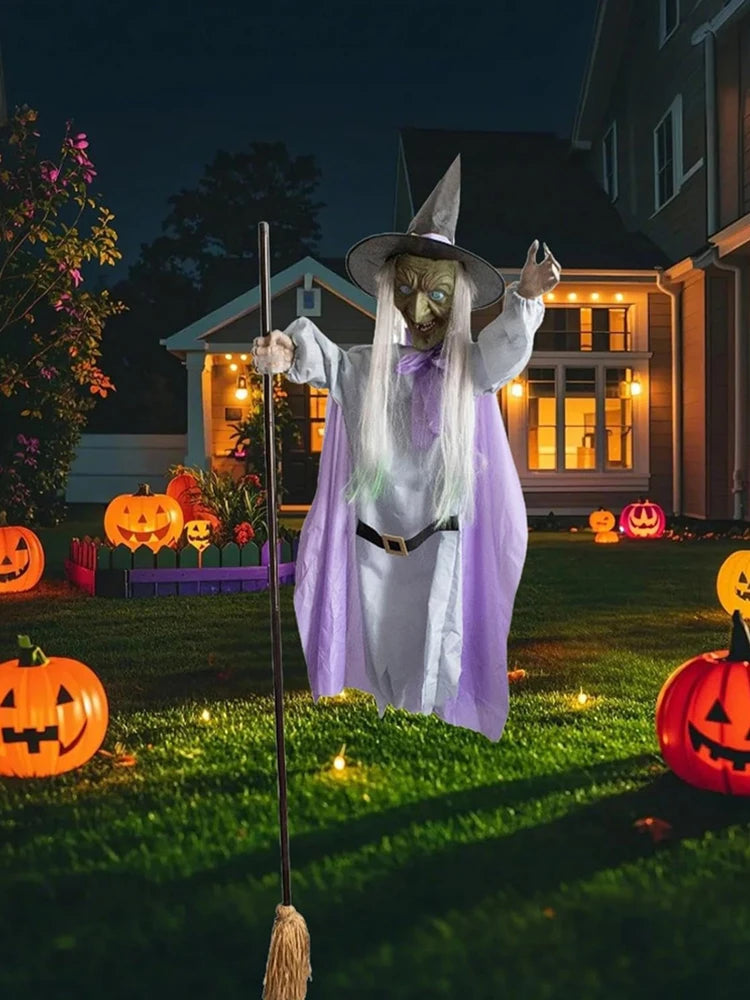 Flying Witch Decorations Luminous Eyes Halloween On Broom