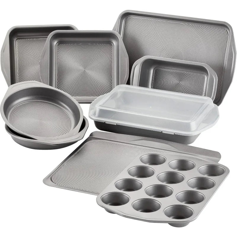 Total Nonstick Bakeware Set with Nonstick Bread Pan Cookie Sheet Baking Pan Baking Sheet Cake Pan and Muffin Cupcake Pan 10 Piece Gray