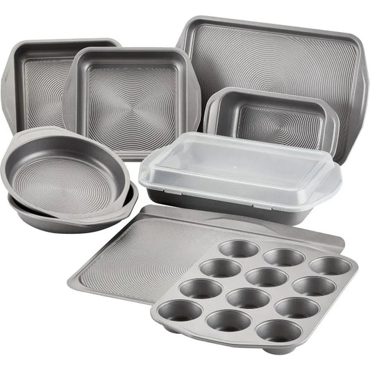 Total Nonstick Bakeware Set with Nonstick Bread Pan Cookie Sheet Baking Pan Baking Sheet Cake Pan and Muffin Cupcake Pan 10 Piece Gray