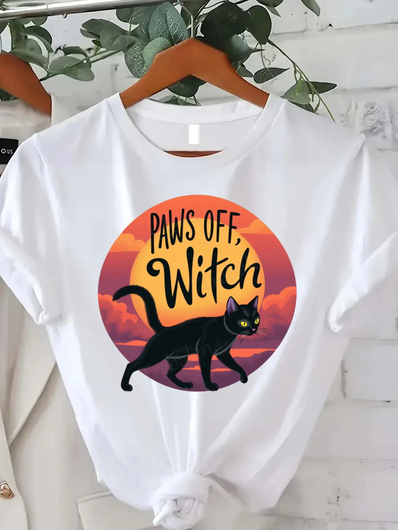 Round Neck T Shirt Paws Off Witch Halloween Cat Graphic Tee Womens Plus Size