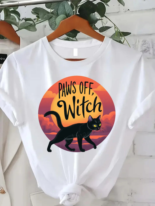 Round Neck T Shirt Paws Off Witch Halloween Cat Graphic Tee Womens Plus Size