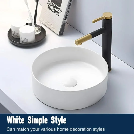 14 Inch White Ceramic Round Countertop Sink Without Faucet