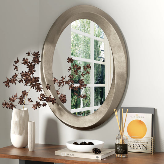 Large Oval Baroque Wall Mirror Silver Glass Vanity with Brass Edge Frame for Modern Minimalist Home Decor 32x24 Inch