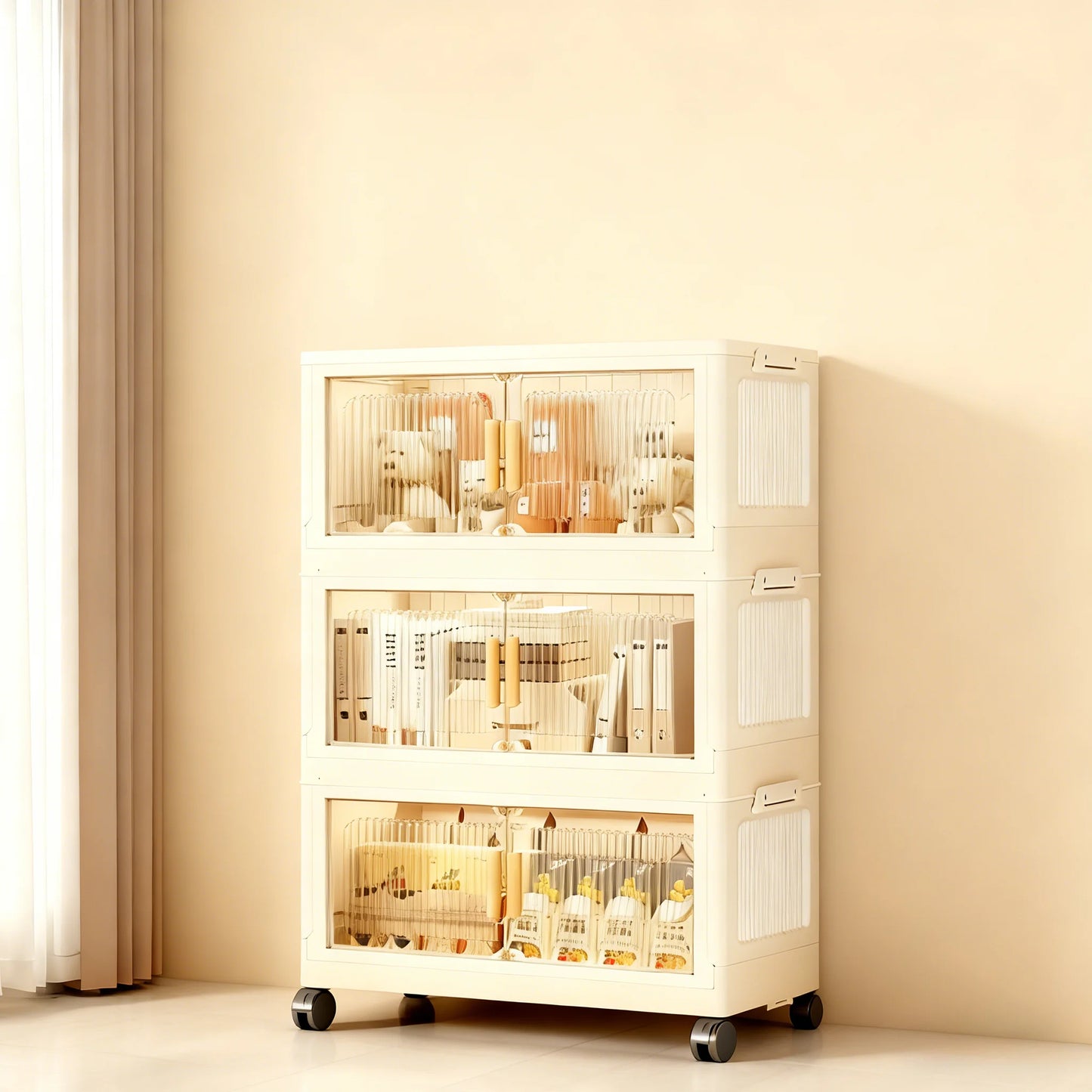 3 To 5 Tier Foldable Cabinet With Wheels Plastic Lidded Storage Box