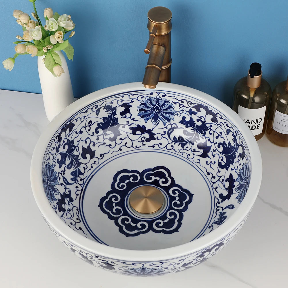 Ceramic Bathroom Vessel Sink And Polished Gold Faucet Combo