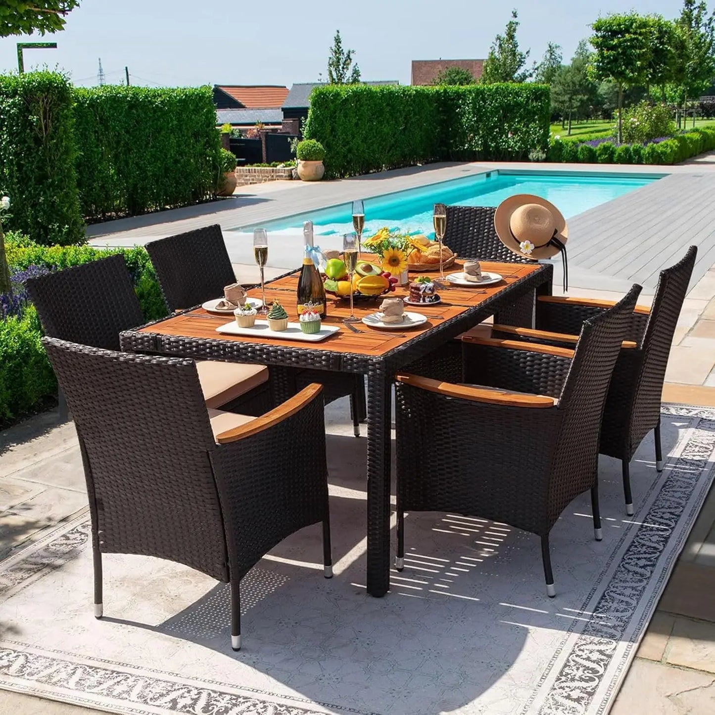 Outdoor 7 Piece Terrace Rattan Furniture Set With Lovewood Tabletop Black