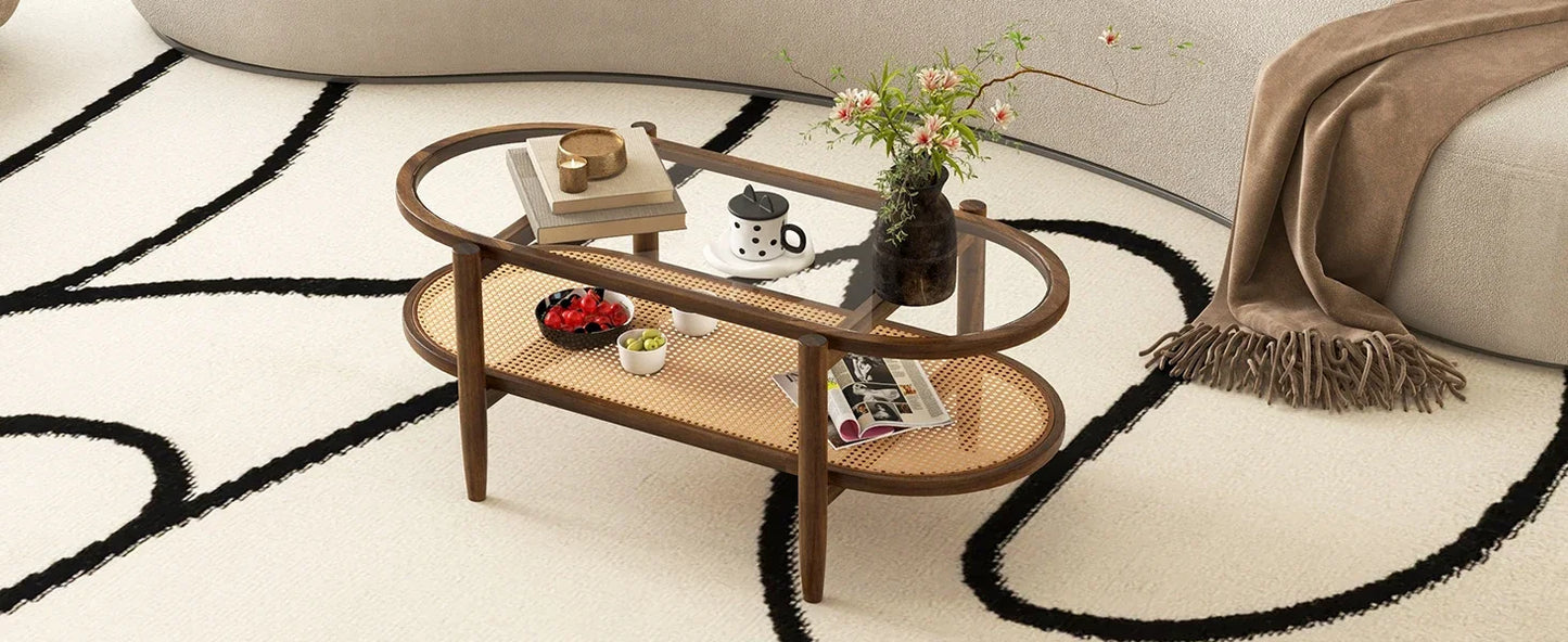 Rattan Coffee Table 2 Tier Acacia Wood With Glass Top Shelf