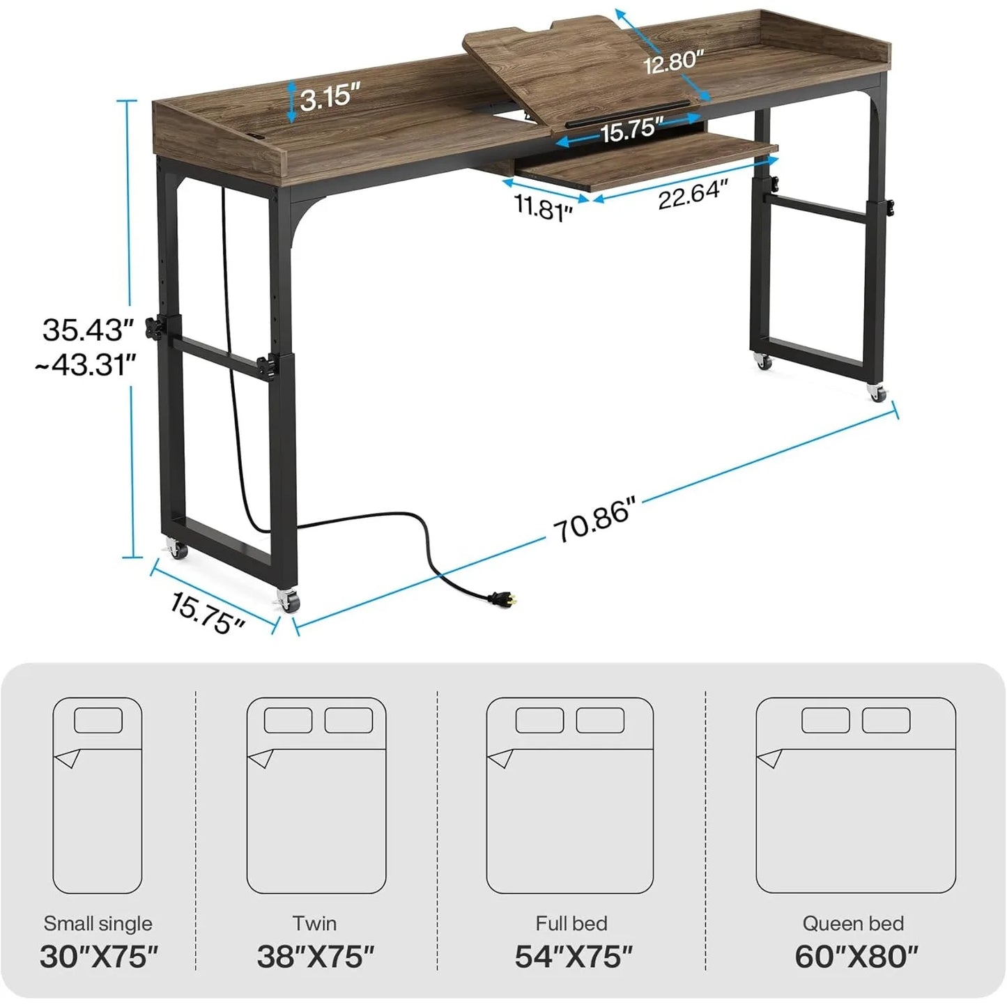 Height Adjustable Overbed Table With Wheels Laptop Desk