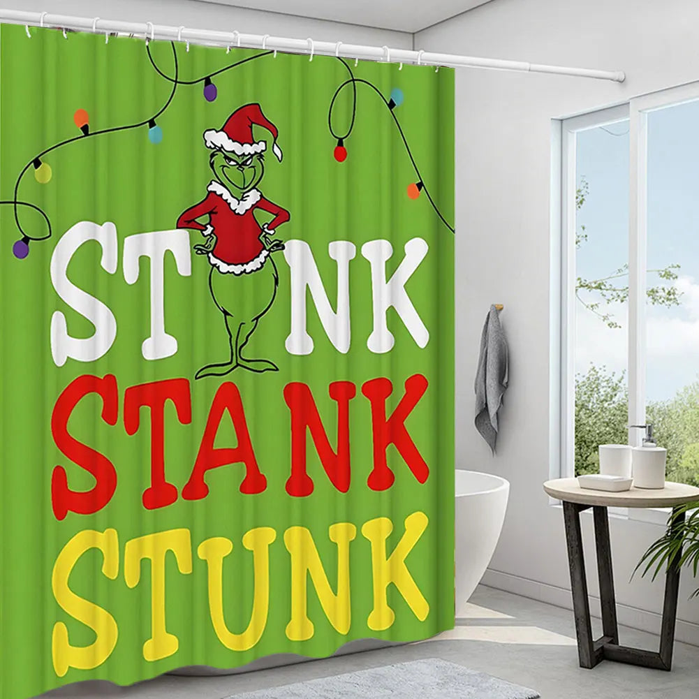 Christmas Snowman Shower Curtain Set With Green Bath Mat
