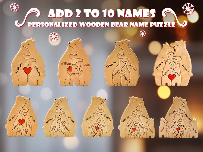 Personalized Custom Bear Family Wooden Puzzle DIY Free Engraving Name Sculpture Home Desk Decor Figurines Christmas Birthday Gift