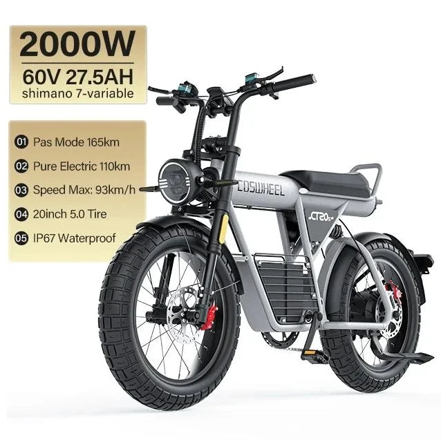Coswheel Electric Bike CT20S 2000W Motorcycle Dirt Bike Ebike 20 Inch Fat Tire Bicycle 60V 27.5Ah Adult Electric Bicycle