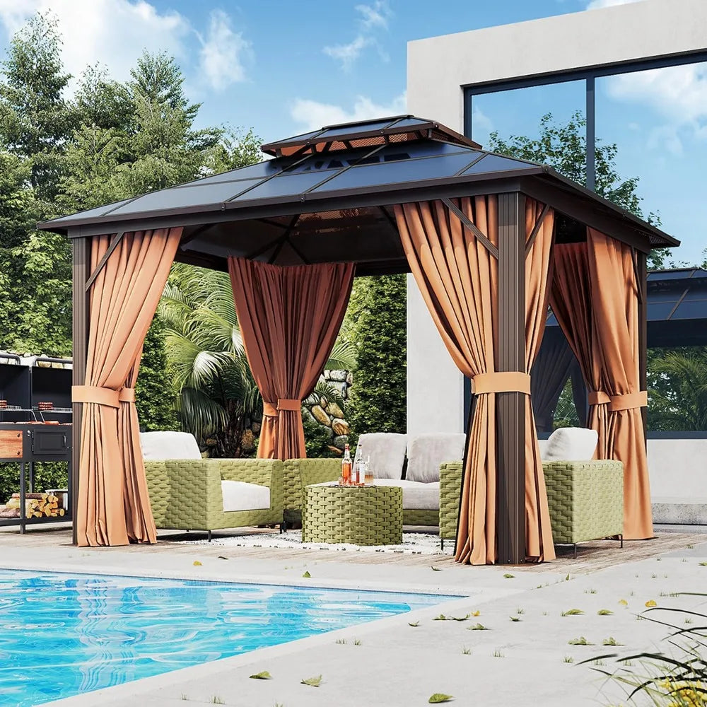 10x12ft Hardtop Gazebo With Aluminum Frame Netting And Curtains Outdoor Pavilion