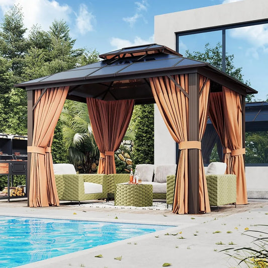 10x12ft Hardtop Gazebo With Aluminum Frame Netting And Curtains Outdoor Pavilion
