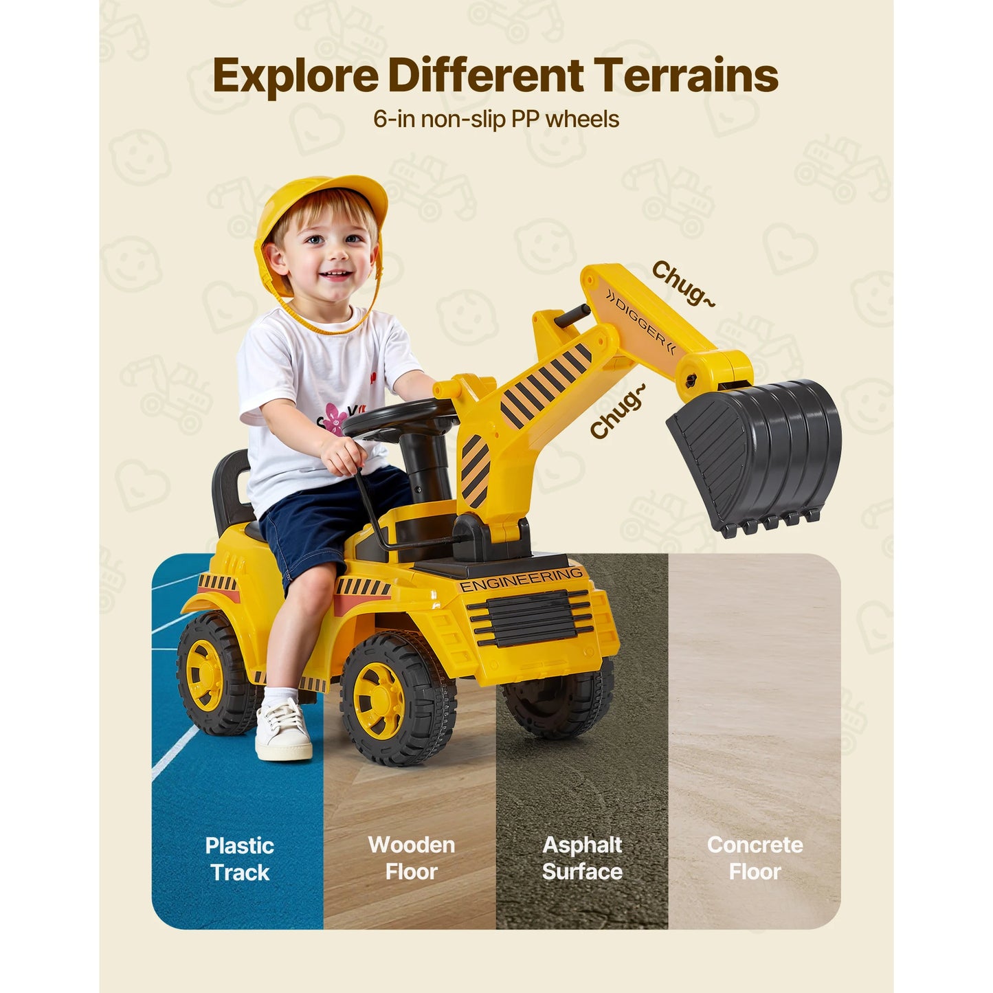 SucceBuy Excavator Digger Ride On Toy For Kids With Helmet And Music