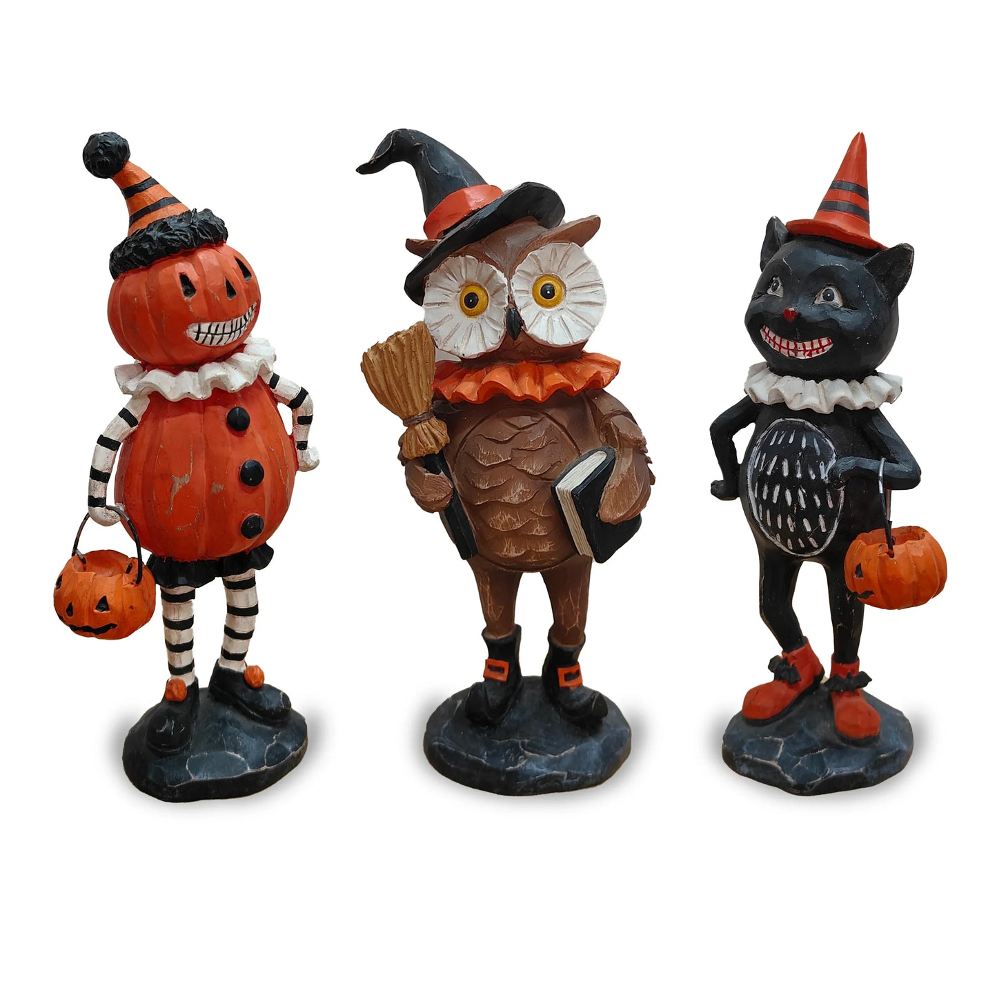 Halloween Resin Pumpkin Puppet Owl And Black Cat Statue