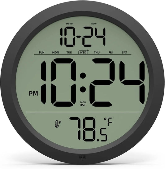 8 Inch Digital Wall Clock Date Temperature Auto DST Battery Operated