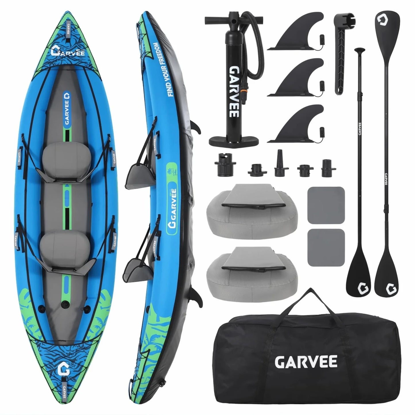 Two Person Inflatable Kayak For Fishing And Touring With Padded Seat And Fins