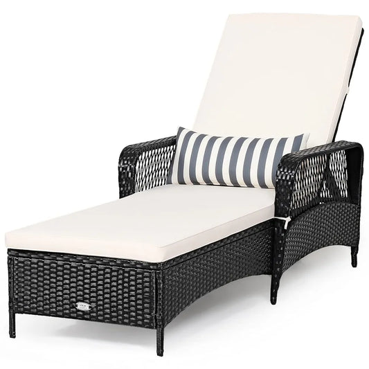 Wicker Chaise Lounge Outdoor Rattan With Adjustable Backrest Cushioned Pad