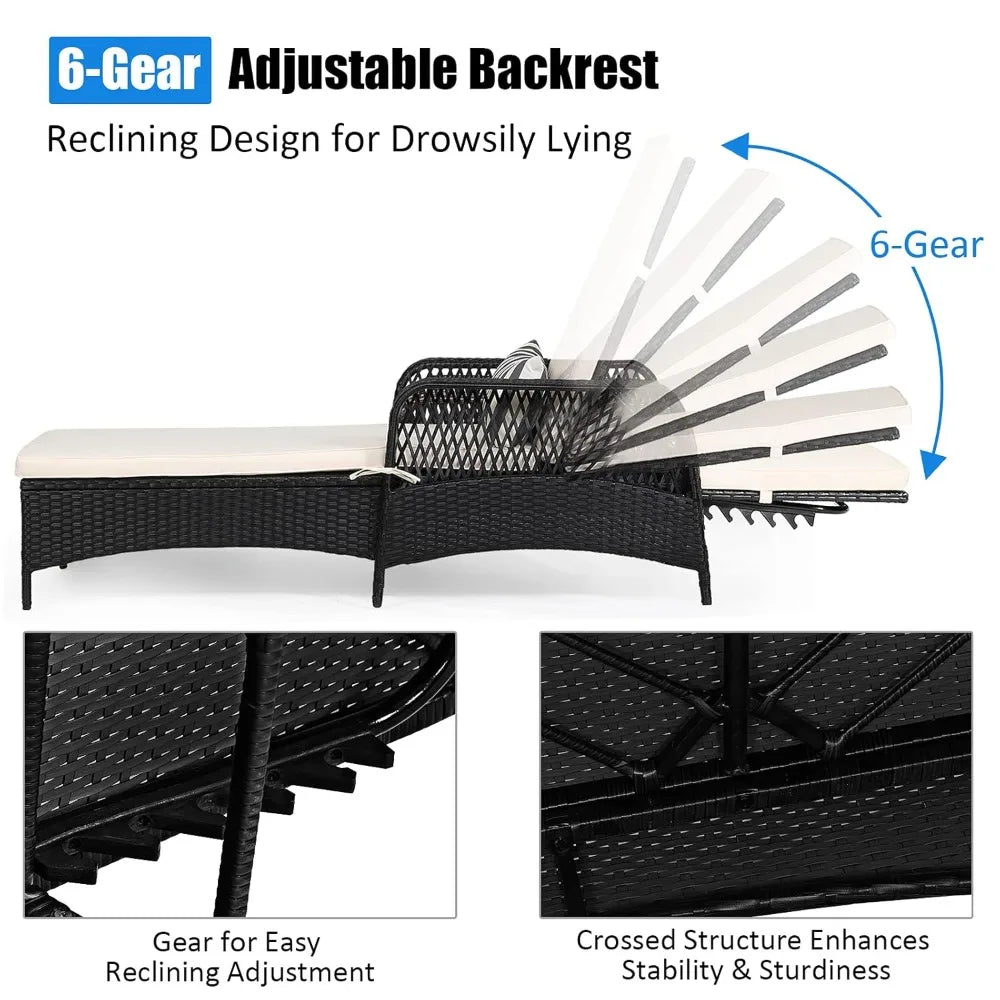Wicker Chaise Lounge Outdoor Rattan With Adjustable Backrest Cushioned Pad