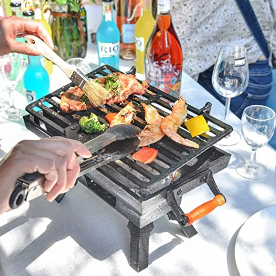 Compact Cast Iron Charcoal Grill 12 x 7 With Adjustable Grate And Wood Handles