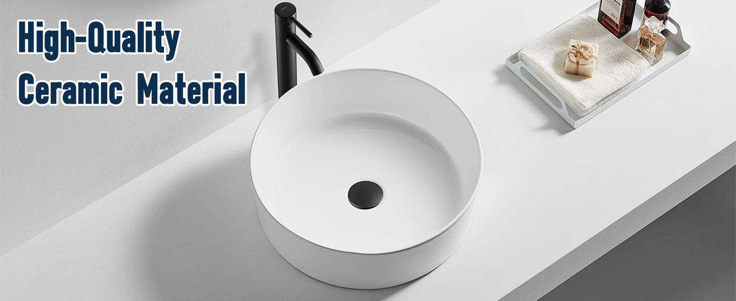 14 Inch White Ceramic Round Countertop Sink Without Faucet