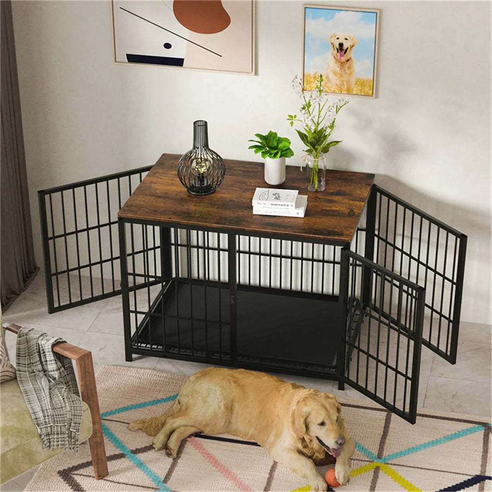 Large Wooden Dog Crate End Table Style Elevated Kennel With 3 Doors