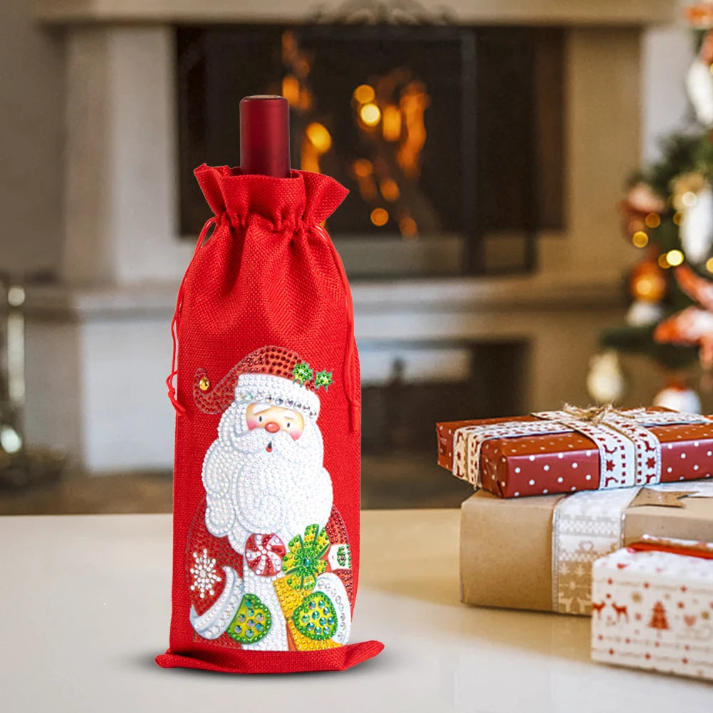 Christmas Diamond Art Wine Gift Bag Drawstring Bottle Cover