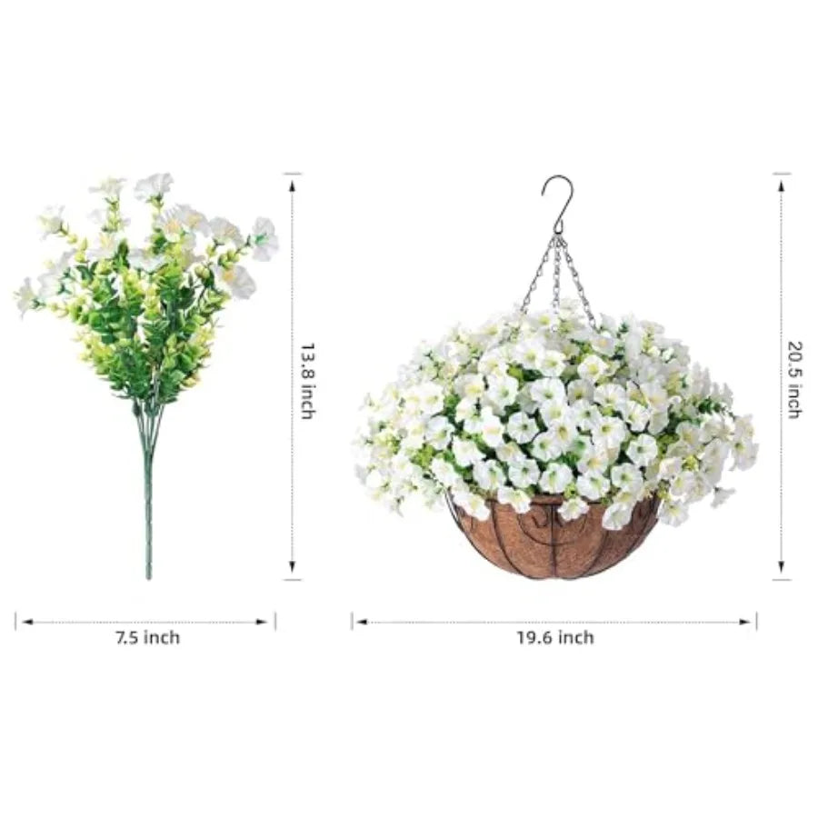 Artificial Hanging Flowers Baskets Decor Faux Silk White Morning Glory UV Resistant
