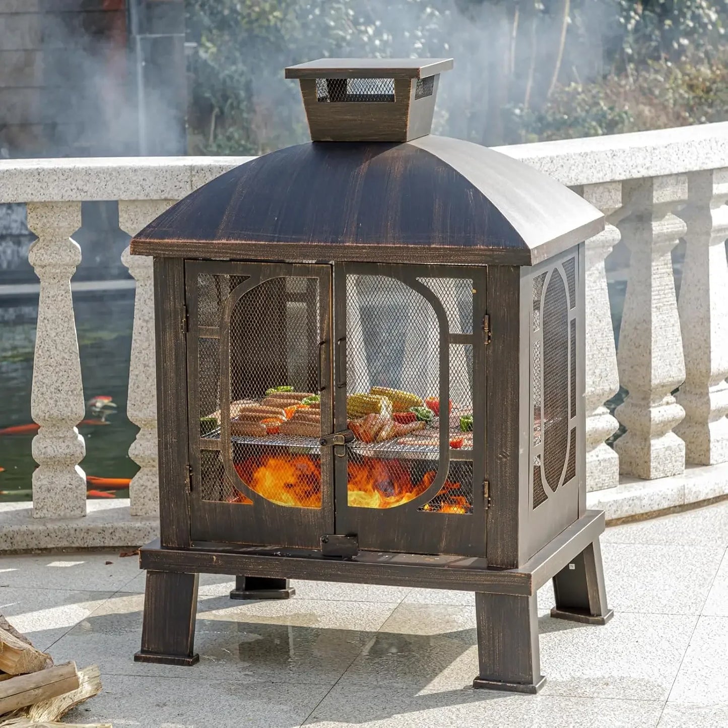 45 Inch High Metal Chiminea Fire Pit With Grill Garden