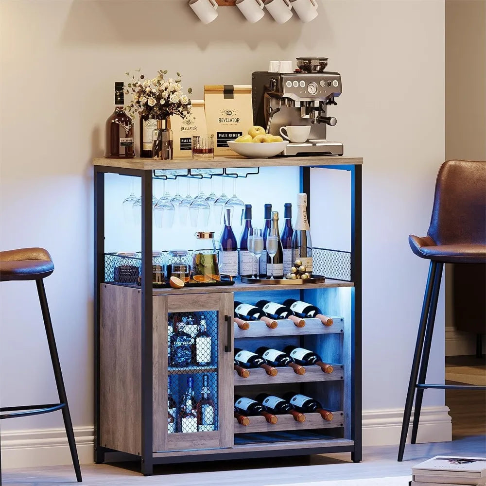 Three Tier Wine Bar Cabinet With LED Lights And Wine Rack