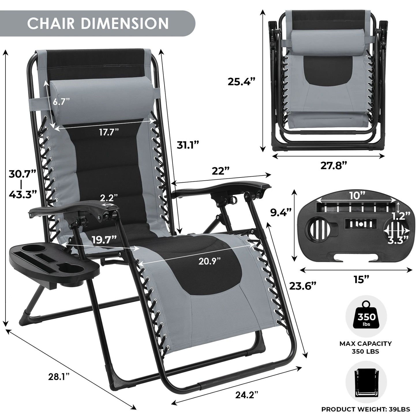 Padded Zero Gravity Lounge Chair Folding Patio Recliner with Adjustable Headrest and Cup Holder Support 160kg Sun Loungers