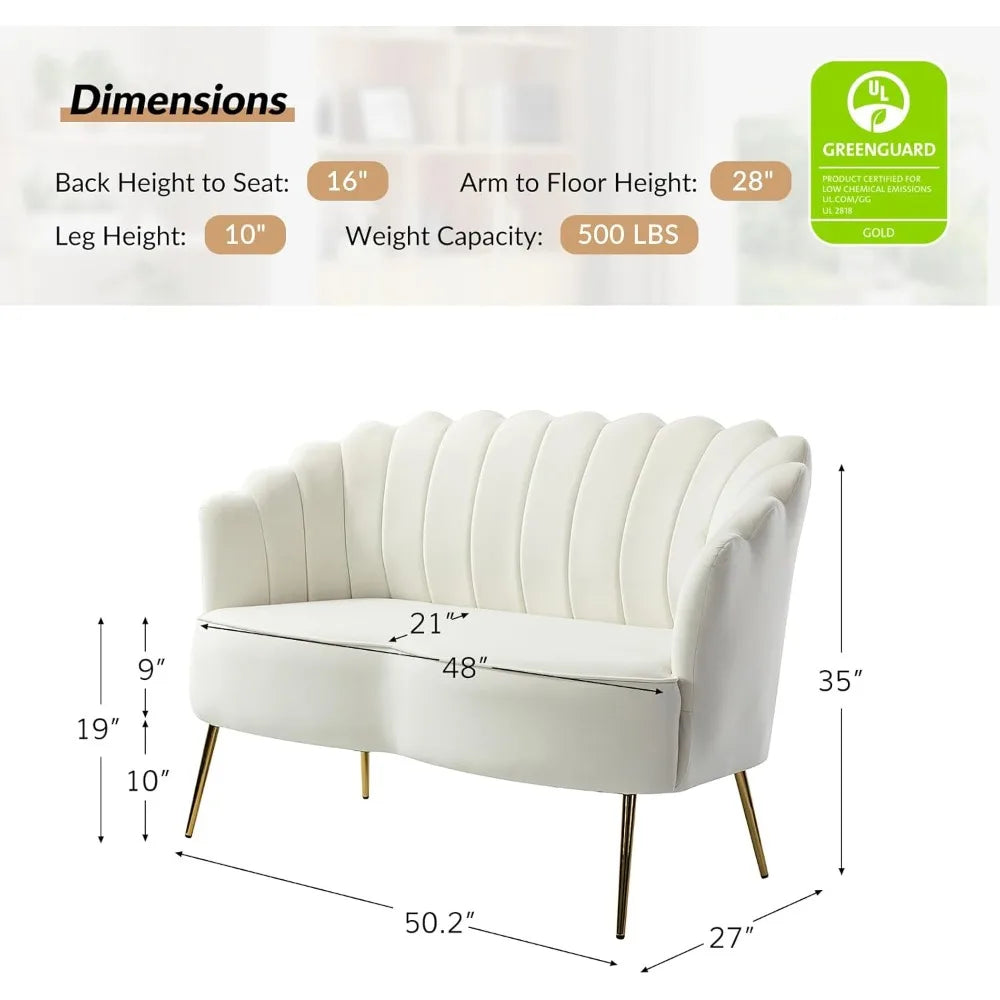 Modern Velvet Loveseat Sofa Two Seater With Flower Back And Gold Metal Legs Ivory