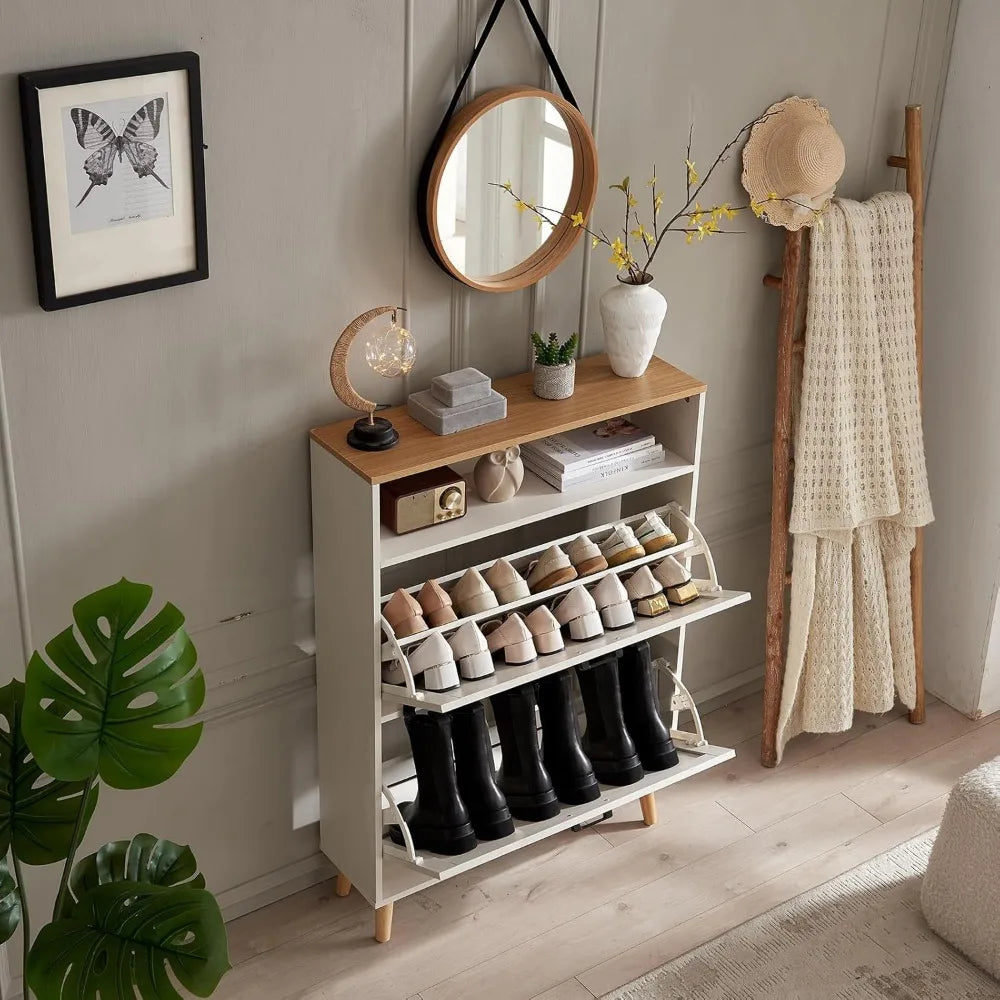 White Oak Freestanding Farmhouse Shoe Cabinet With Flip Drawers And Doors