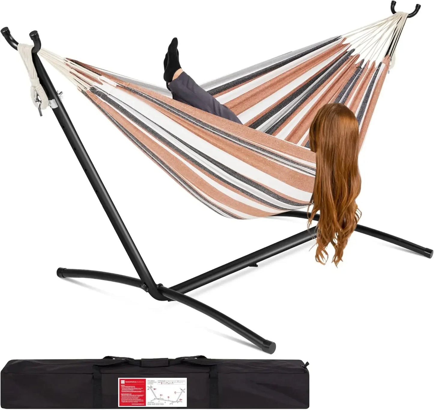 Double Brazilian Style Cotton Hammock With Steel Stand For Indoor Outdoor With Carrying Bag