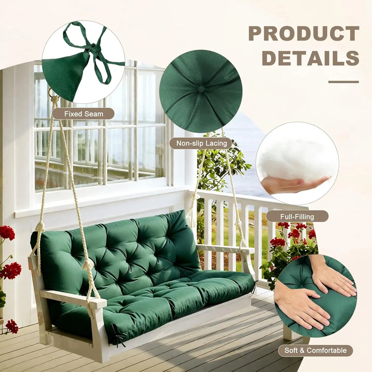 Waterproof Outdoor Swing Cushion With Backrest And Ties Dark Green 40x40 Patio