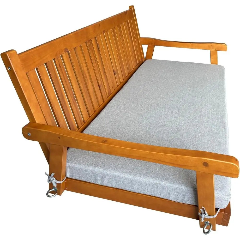 Teak Tone Porch Swing Bed With Cushion For Outdoor Patio Or Porch