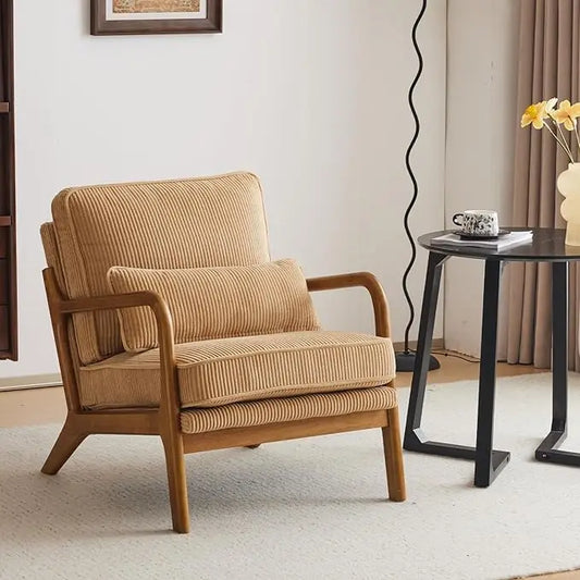 Mid Century Modern Corduroy Upholstered Lounge Armchair With Wood Frame