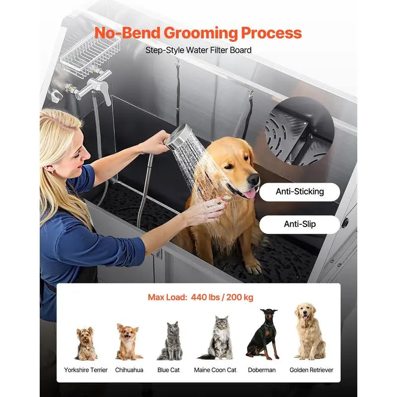 62 Inch Stainless Steel Dog Grooming Bath Tub With Ramp And Water Filter